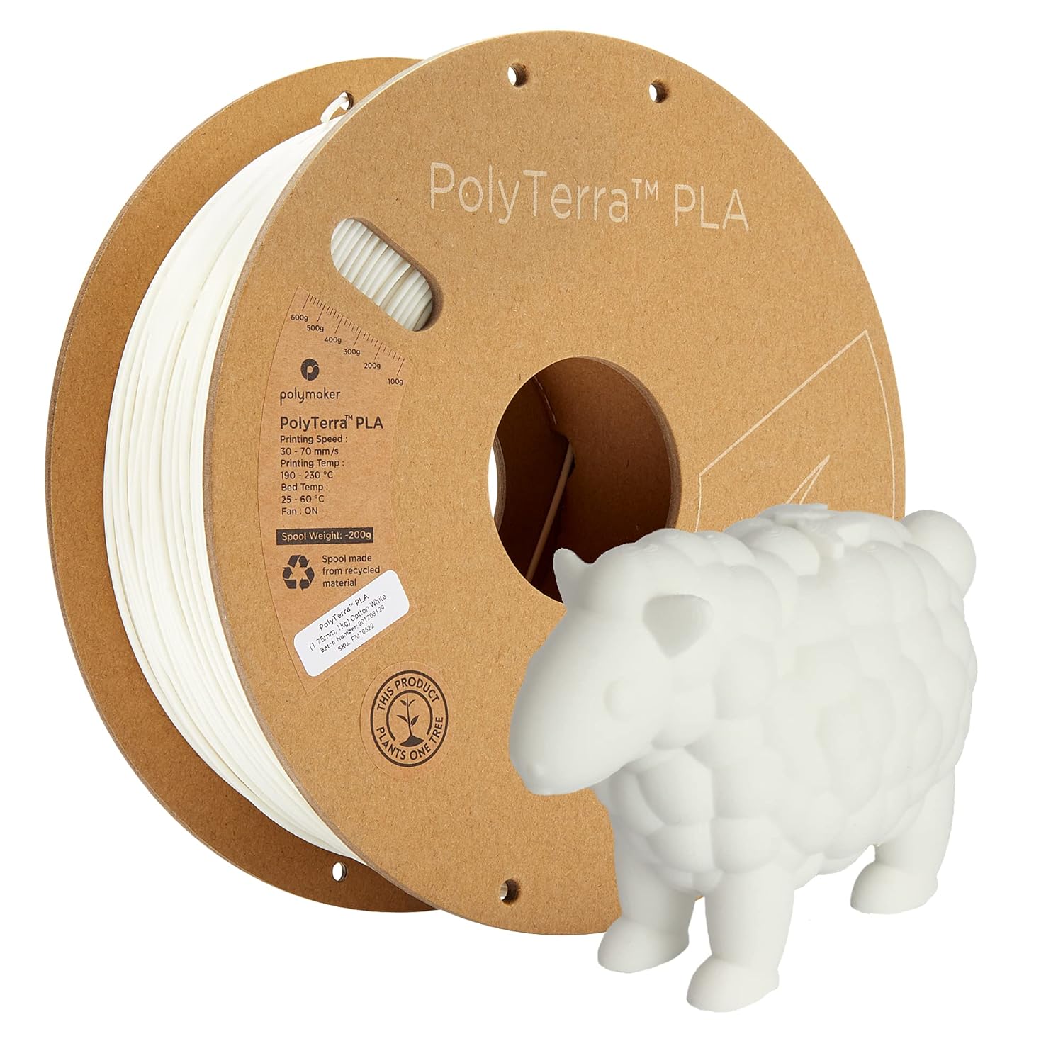 Polymaker PolyTerra Matte PLA Filament 1.75mm Cotton White - 1kg Carton Spool for 3D Printers